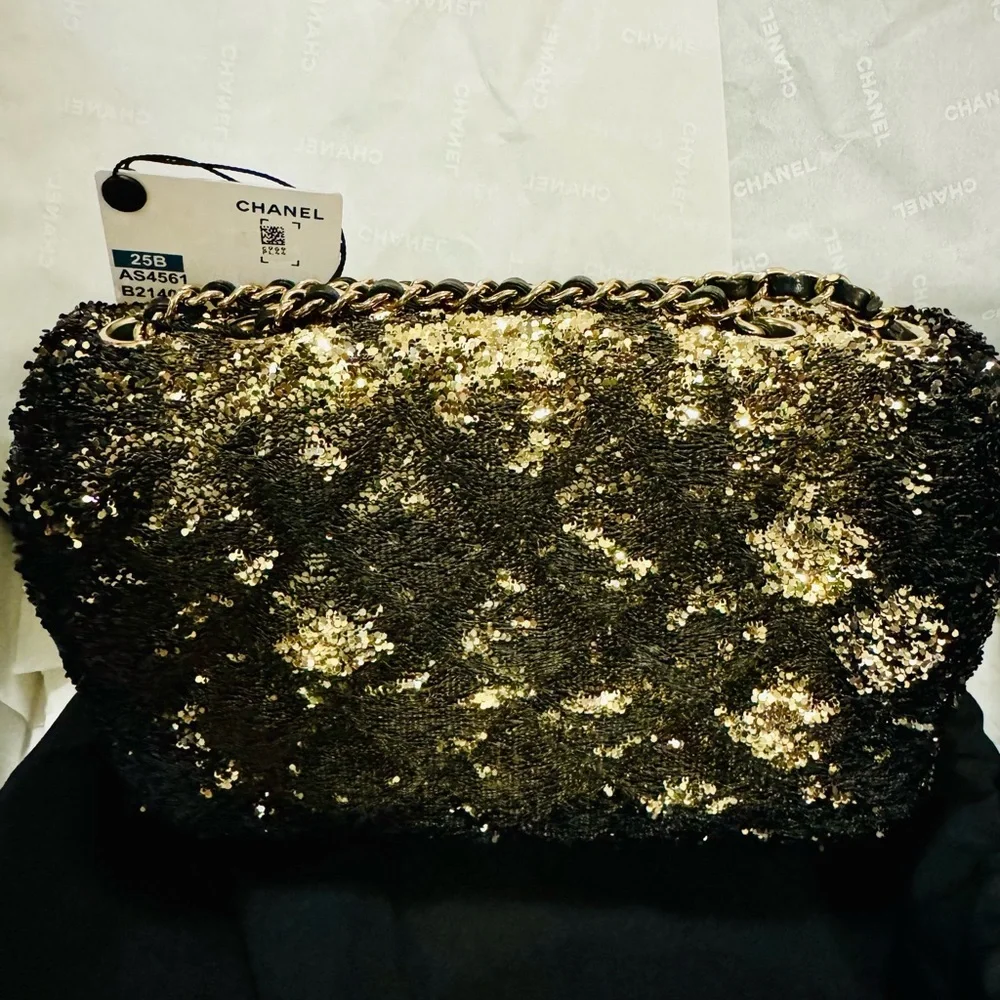 Chanel Glittering Evening Black and Gold Shoulder Bag New with Tags Mini Classic